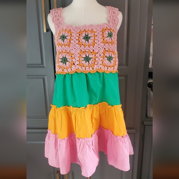 ASOS Crochet Tiered Smocked Back Mini Sun Dress Large/8 - Picture 2 of 8